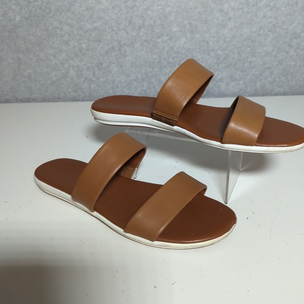 Aerosoles Women's Clovis Tan‎ Brown Faux Leather Two Strap Slide Sandals 7.5M
